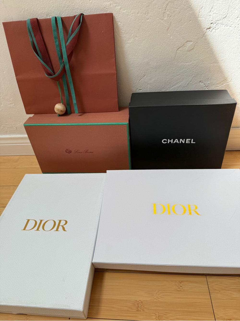 CHANEL shoe box. 2 Dior shirt boxes and 1 Loro Piano shoe box and bag